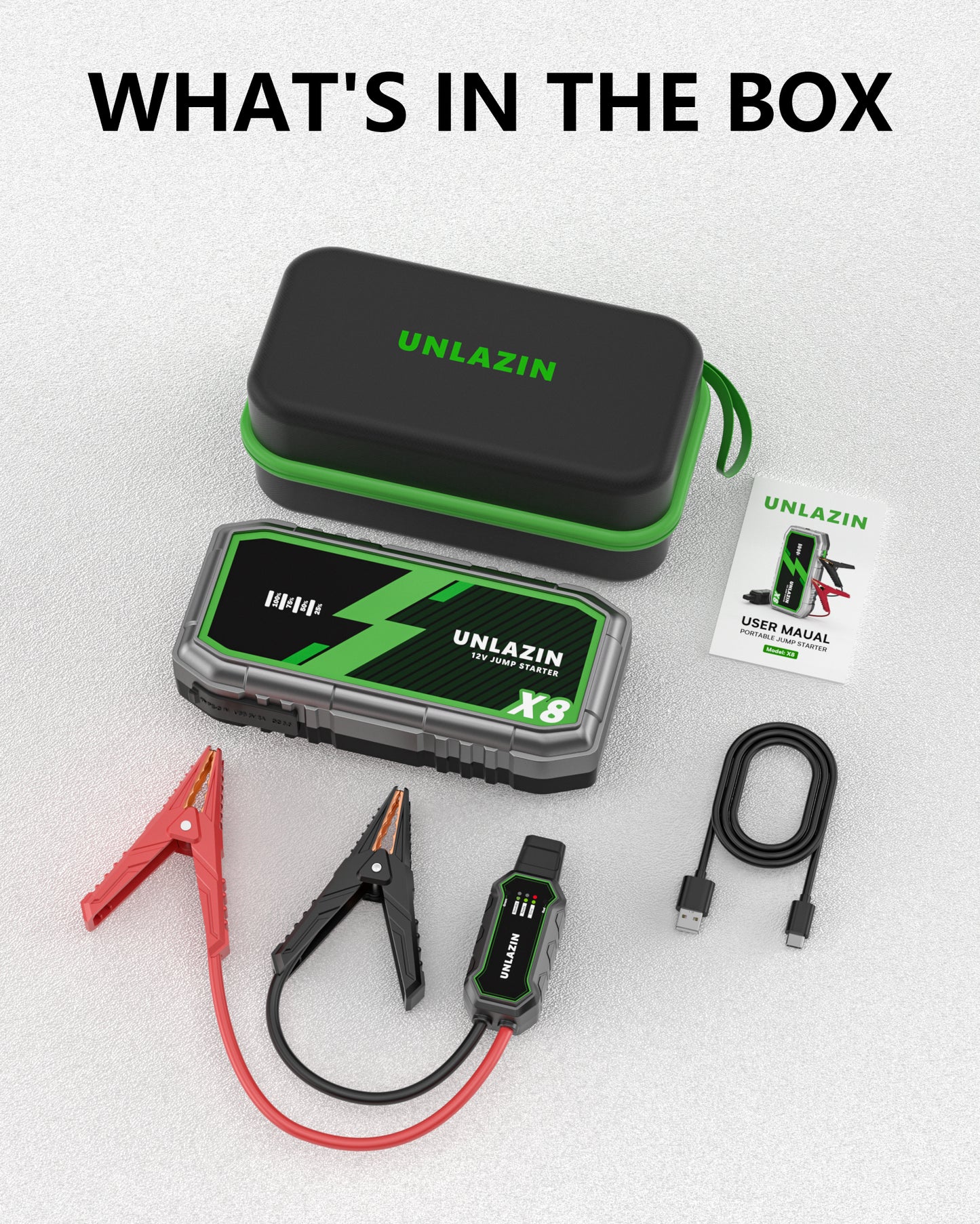 UNLAZIN 8000A Jump Starter, 12V Car Battery Jump Starter with Force Start, Portable Jump Starter Battery Pack(All Gas 12L Diesel Engine) with Dual USB Output Quick Charge, LED Light for Passenger Car